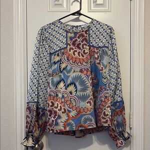 Fate Blue and Orange Graphic Long Sleeve Blouse